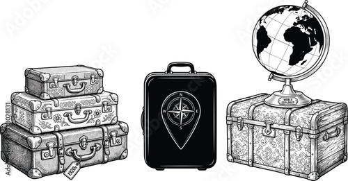 Vintage travel luggage and globe illustration featuring antique suitcases with navigation symbol in detailed hand drawn engraving style for tourism concept