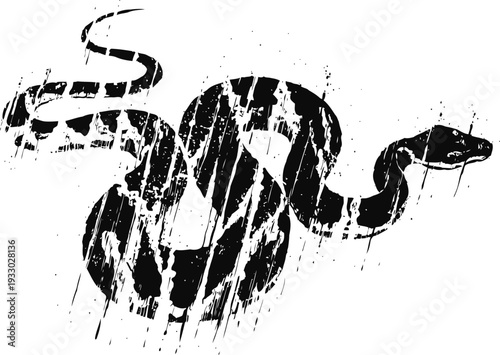 Black grunge snake silhouette with textured distressed effect on white background design
