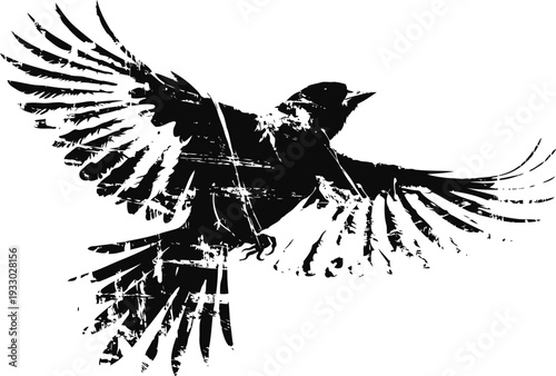 Flying bird silhouette with spread wings and textured distressed effect isolated on white background
