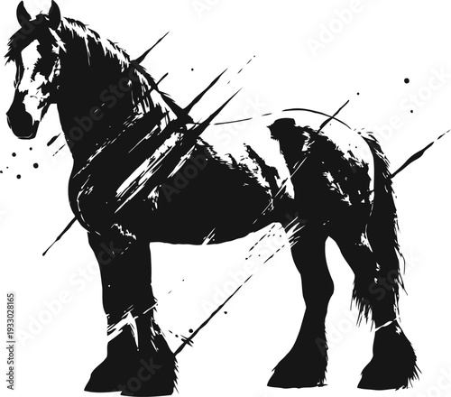 Powerful black horse silhouette with dynamic brush strokes on white background