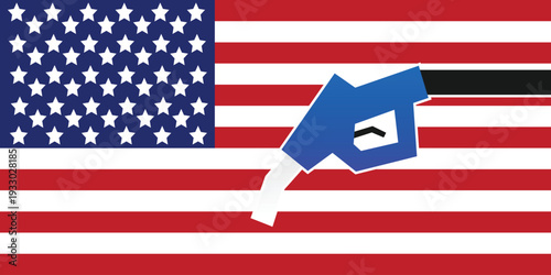 Background fuel pump nozzle with the American flag. United States of America petroleum industry