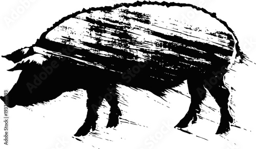 Rustic pig silhouette textured with wood grain pattern, farm animal illustration