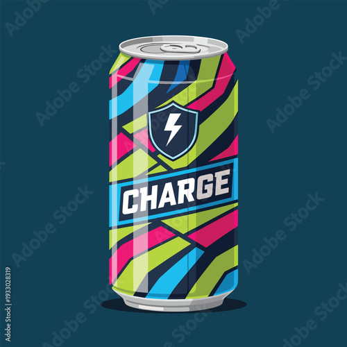 A brightly colored beverage can with a geometric pattern, dark background, and the word "CHARGE." It features a shield with a lightning bolt