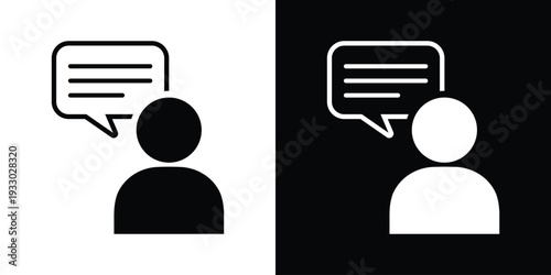 Vector silhouette icon of a person with dual speech bubbles. Minimalist communication, feedback, and customer support symbol in flat black and white styles for web and app interface design.