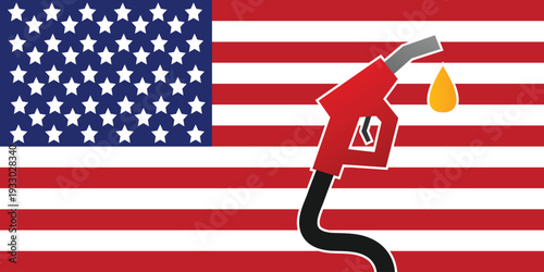 Background fuel pump nozzle with the American flag. United States of America petroleum industry