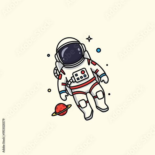 A cartoon astronaut floats in space, clad in a white spacesuit with red and blue accents. A red planet orbits nearby. Various stars and dots are dispersed
