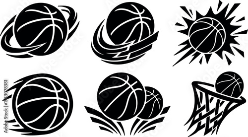Flat design basketball logo set showing six dynamic black basketball icons with motion trails hoop and explosive impact sports energy