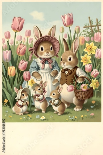 Cute Easter Bunny Illustration with Spring Flowers