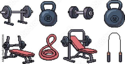 Pixel art gym equipment set with dumbbells kettlebells bench press weightlifting barbell and jump rope icons