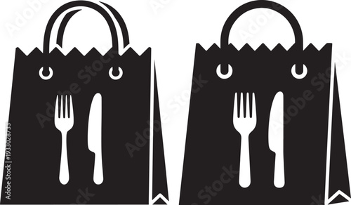 Black Shopping Bags with Fork and Knife Icons, Representing Food Delivery or Takeout Services. Simple Vector Illustration