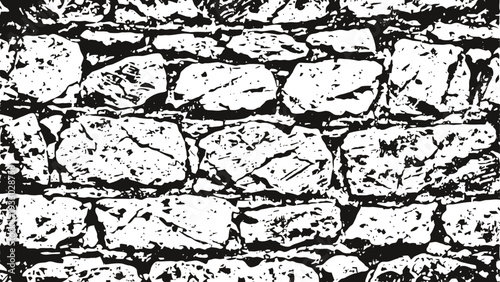 Black and white rough stone wall texture grunge brick pattern background with weathered mortar joints
