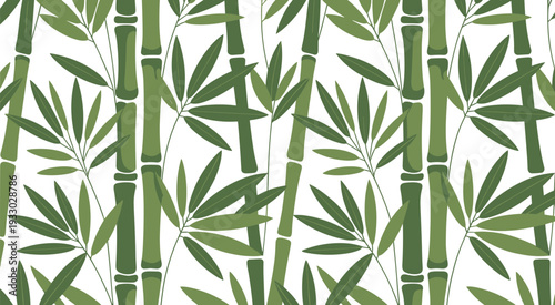 Seamless bamboo pattern vector with green leaves and stalks, natural botanical background, modern tropical repeating design texture