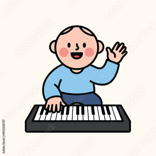 A cartoon child sits at a keyboard, waving. They wear blue and dark pants. The face is simple with black outlines and rosy cheeks