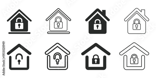 A set of modern line icons depicting secure homes with padlocks, conveying safety and protection for residential and property concepts.