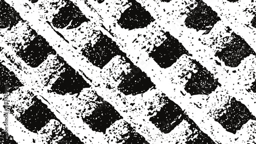 black and white abstract pattern with diagonal grid design, rough texture, distressed