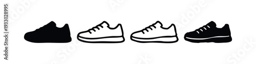 Sport Sneakers Shoes Icon Set in Hand-Drawn Style, Black and White Footwear Elements