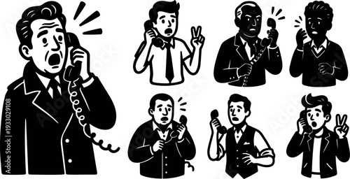 Retro comic style close up group of men talking on vintage corded telephones showing surprised worried and peace sign gestures