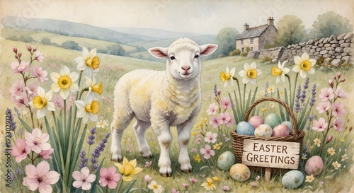 Easter Lamb Illustration with Flowers and Greeting