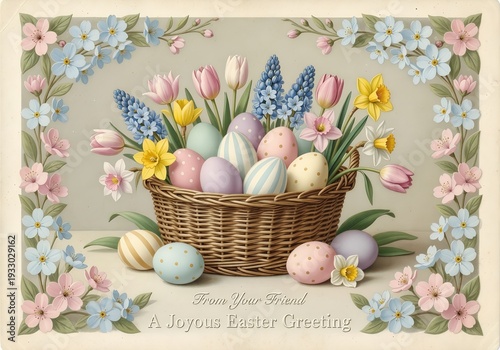 Vintage Easter Basket with Decorated Eggs and Flowers
