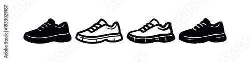 Modern Sneakers and Athletic Footwear Hand-Drawn Icon Pack, Black and White Design