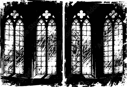 gothic arched windows silhouette with grunge texture, vintage medieval architectural design