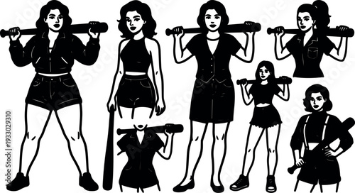 Tattoo flash style women with baseball bats standing in varied poses looking at camera front view grunge monochrome strong attitude