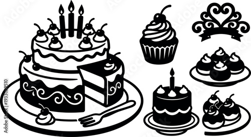 Vector cake icon set flat design layered birthday cake slice with candles and dessert platter close up silhouette black white