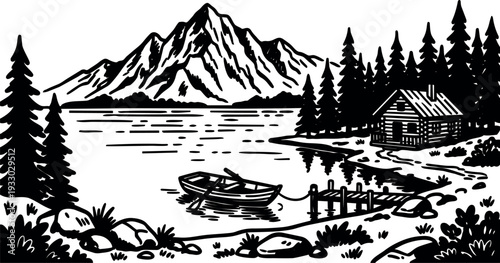 Woodcut style lakeside cabin with rowboat tied to dock and pine forest beside mountain lake reflection hand drawn texture serene