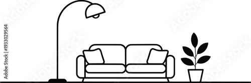 Minimal Living Room Sofa with Floor Lamp Line Art Illustration.