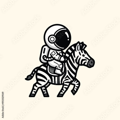 A cartoon astronaut wearing a space helmet, riding a zebra. The zebra is running, and the astronaut is positioned on its back