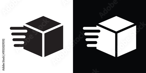Vector icon of a fast-moving 3D cube or parcel with motion lines. Symbol for express delivery, logistics, shipping services, and quick distribution in black and white graphic styles.