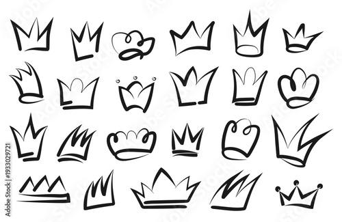Hand drawn crown doodle set with stylish outline icons and royal symbols. Minimal black and white collection perfect for logos, branding, stickers, invitations, social media, packaging, prints, and cr