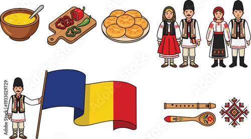 Romanian culture illustration set featuring traditional costumes, national flag, folk food, musical instruments and ethnic decorative elements in flat design style