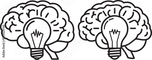 Stylized icons of brains with light bulbs, symbolizing ideas, innovation, creativity, and mental processes.