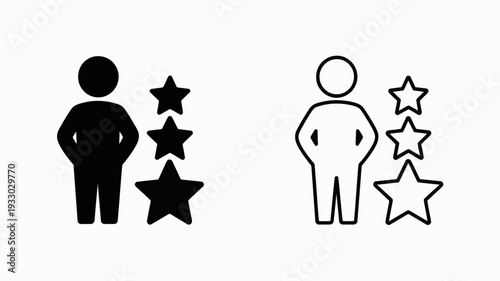 A vector graphic illustration of two people with star ratings in a flat minimal design style