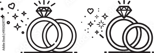 Elegant line art of wedding rings with diamonds and sparkle effects, representing marriage, love, and engagement.