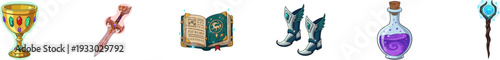 Collection of fantasy adventure game items and equipment icons