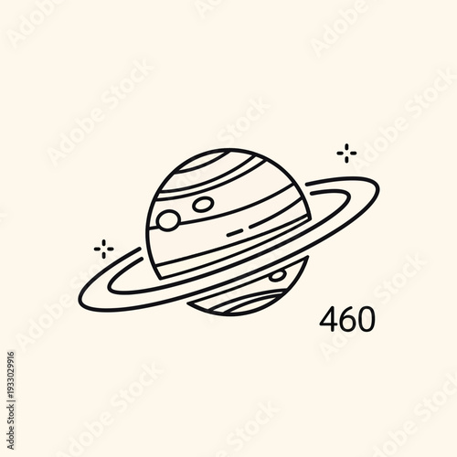 A black and white illustration of a ringed planet with visible stripes and dots, accented by stars, resting on a beige background
