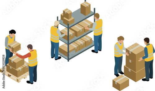 Warehouse team sorting packages, logistics workers organizing boxes on shelves and pallets distribution center isometric illustration
