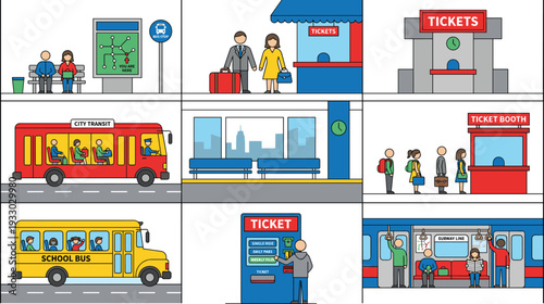 Public transportation system illustration featuring bus, subway, ticket booths and passengers commuting in modern urban city transit environment