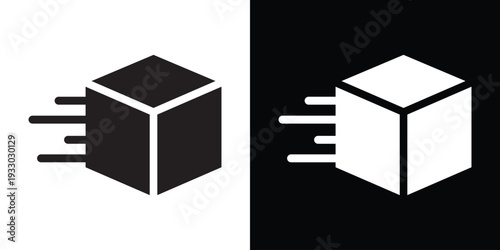 Vector icon of a fast-moving 3D cube or parcel with motion lines. Symbol for express delivery, logistics, shipping services, and quick distribution in black and white graphic styles.