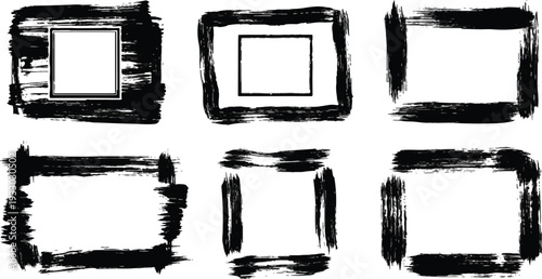 A reversible set of six unique hand-drawn rectangular frames with a distressed black grunge texture, presented on a white background.