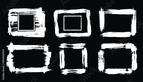 A reversible set of six unique hand-drawn rectangular frames with a distressed white grunge texture, presented on a solid black background.