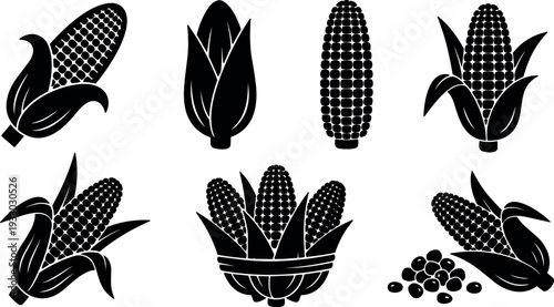 Flat design corn icon set showing multiple ear angles with husk kernels close up isolated on white background silhouette vector