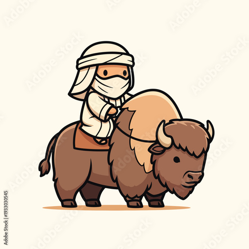 A cartoon character wearing a head wrap and face covering rides atop a bison in a cute, minimalist style. The illustration has a simple background