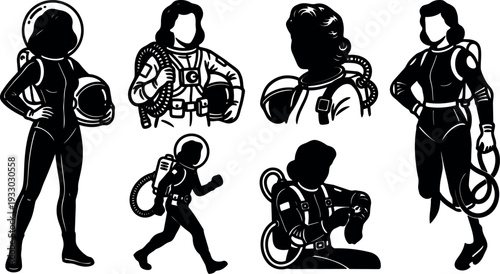 Tattoo flash retro female astronaut silhouettes holding helmets and hoses in vintage space suit poses bold contrast side profile standing