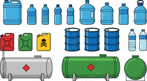 Industrial liquid storage containers and fuel tanks illustration featuring water bottles, barrels, jerrycans and chemical storage equipment in flat design style