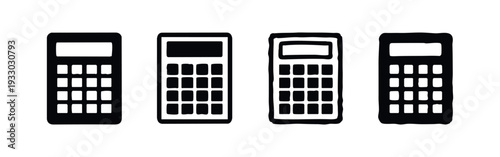 Minimalist calculator icons set. Flat design accounting and math vector symbols in black silhouette.
