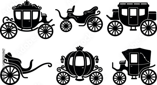 Flat silhouette vintage horse drawn carriages six ornate coach silhouettes side view assortment elegant black vector decorative lanterns pumpkin crown