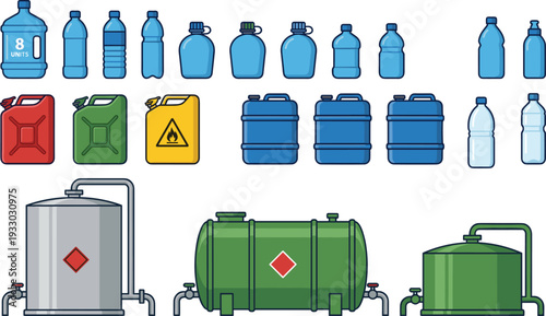 Industrial liquid storage containers and fuel tanks collection illustration featuring water bottles, jerrycans and chemical storage systems in flat design style